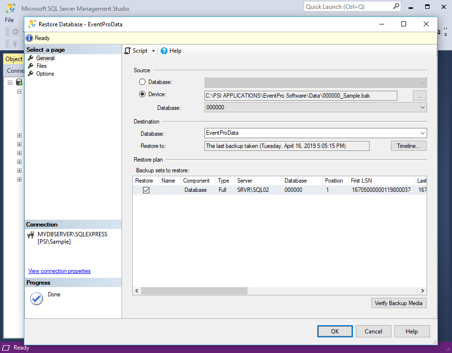 Screenshot of EventPro database restore source and destination in SQL Server Management Studio