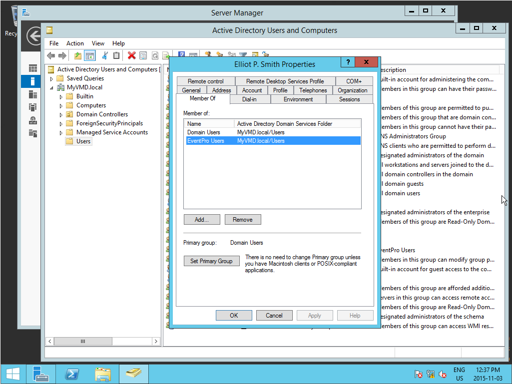 Screenshot of User Properties Member Of in Server Manager for EventPro Active Directory Integration