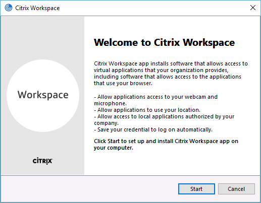 Screenshot of starting Citrix Workspace installation wizard Screenshot of starting Citrix Workspace installation wizard