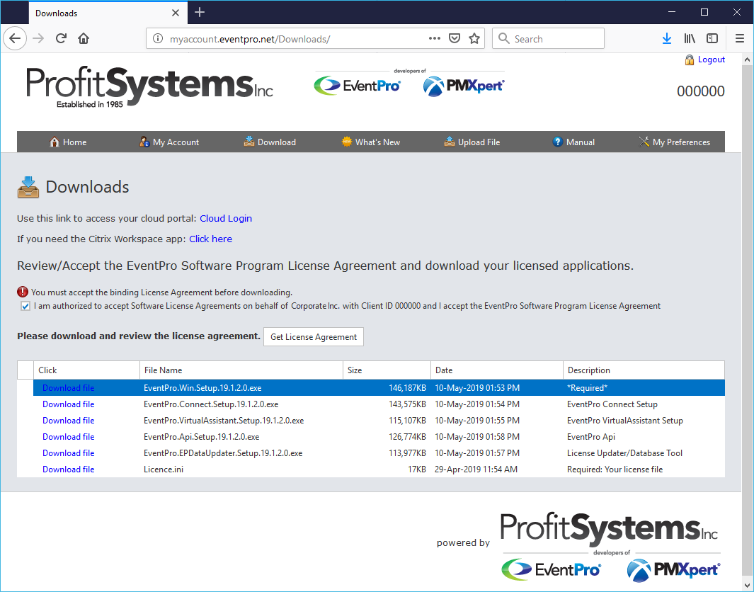 EventPro Client Login website with software downloads