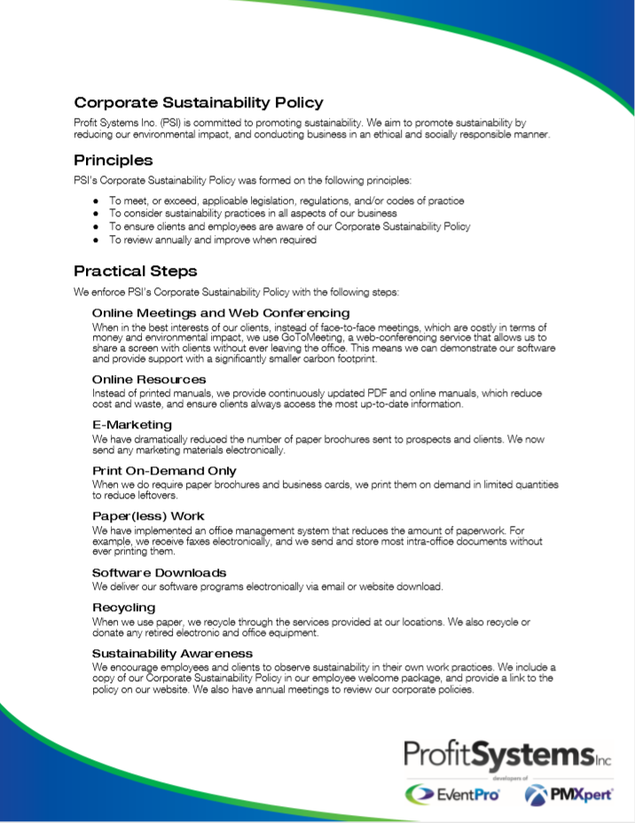 EventPro Corporate Sustainability Policy Brochure