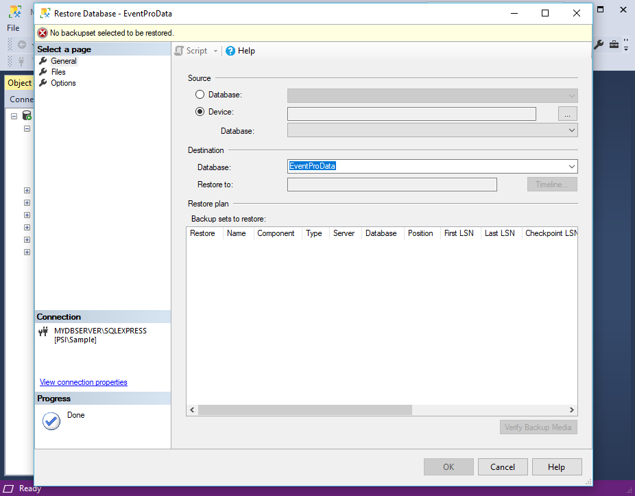 Screenshot of selecting destination for EventPro database restore in SQL Server Management Studio