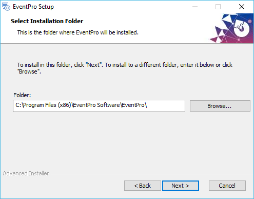 Screenshot of Select Installation Folder page of EventPro Software Installation Wizard