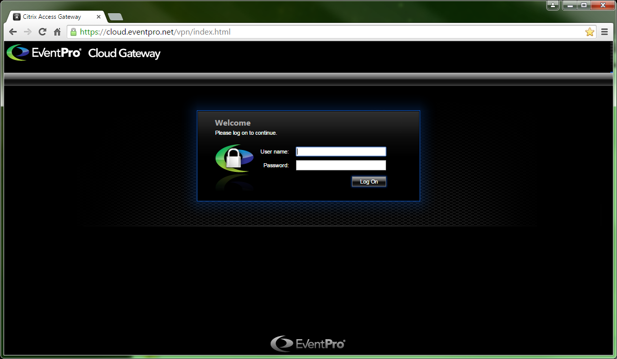 Screenshot of logging into EventPro Cloud Gateway