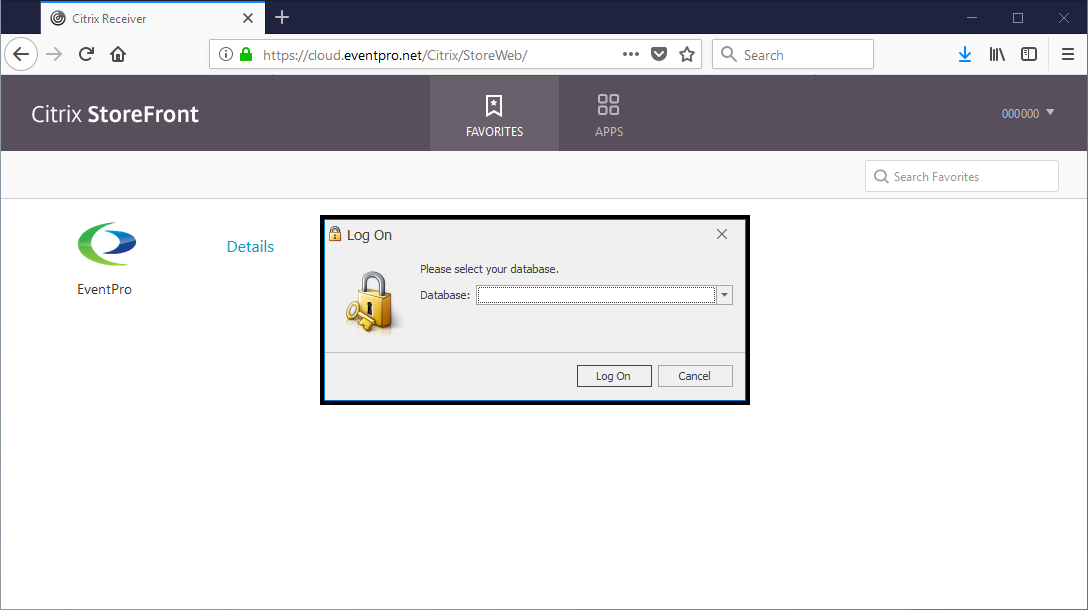 Screenshot of selecting EventPro database after login from Citrix StoreFront