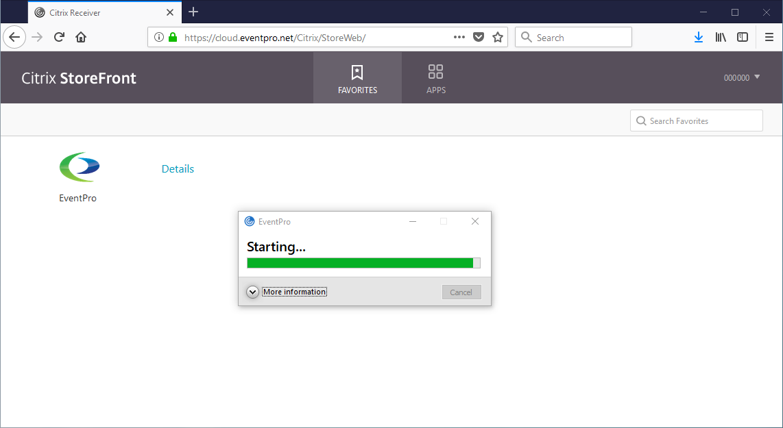 Screenshot of EventPro Cloud starting dialog from Citrix StoreFront