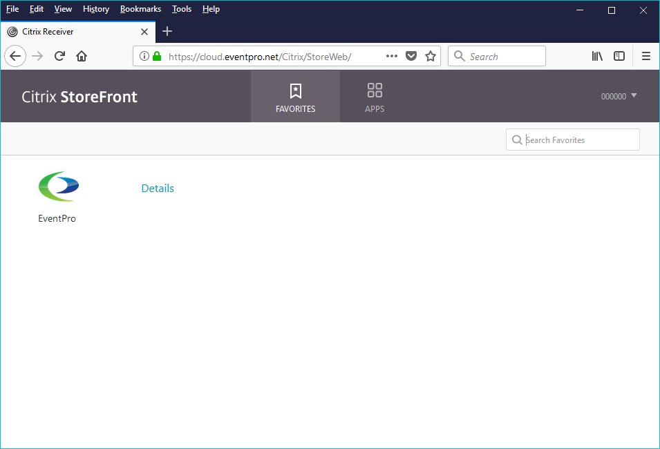 Screenshot of EventPro app in Favorites area of Citrix StoreFront