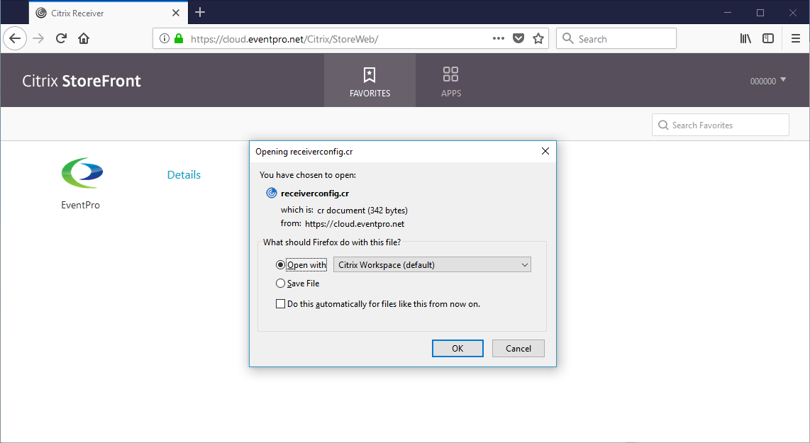 Screenshot of dialog asking to open or save receiverconfig.cr file from Citrix