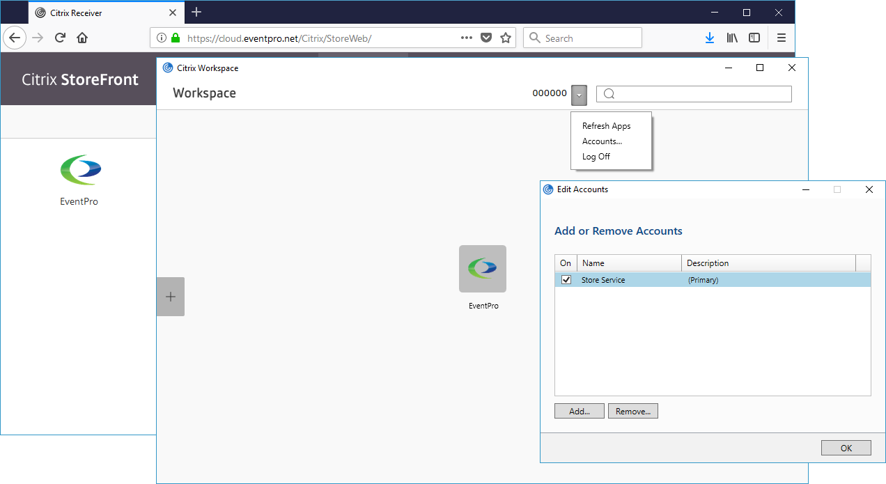 Screenshot of adding and removing accounts in Citrix Workspace