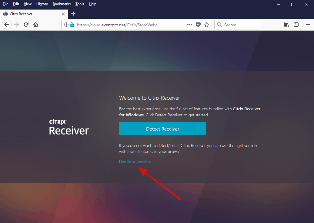 Screenshot of website with link to use light version of Citrix