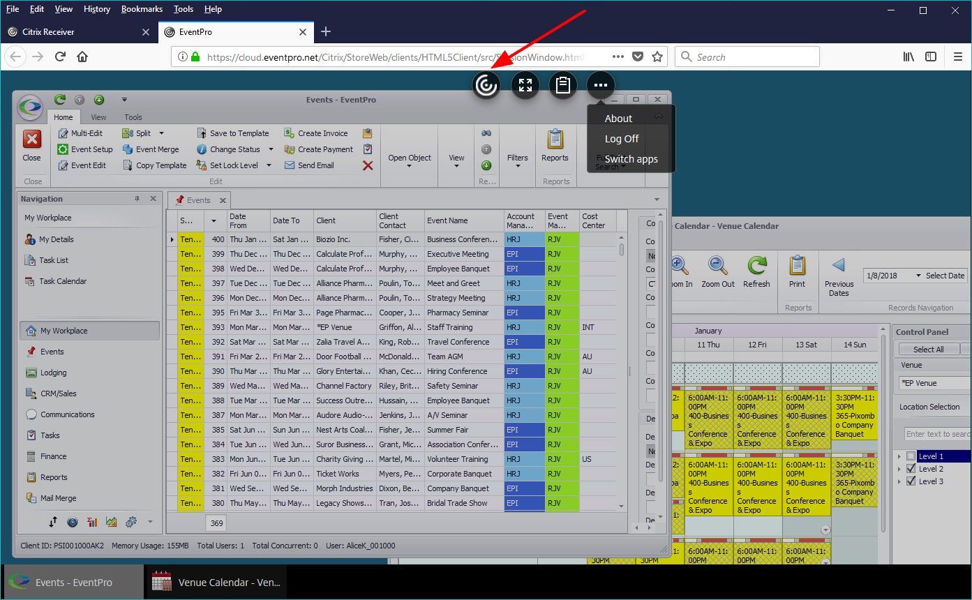 Screenshot of menu options for Citrix light version running EventPro Cloud