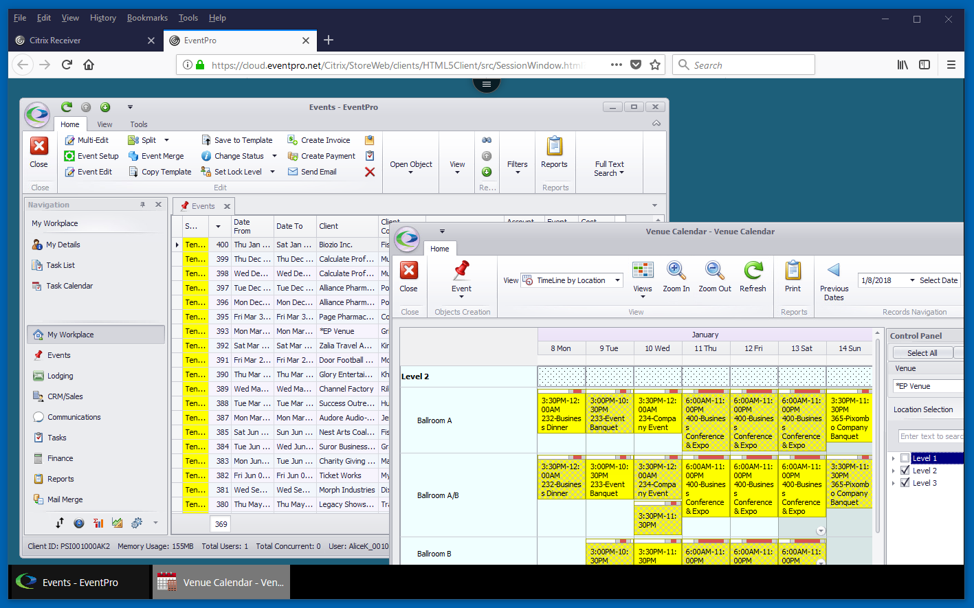 Screenshot of EventPro Cloud in Citrix light version within browser window