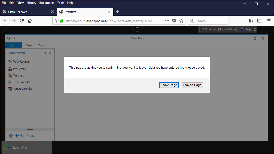Screenshot of dialog asking whether to leave page when closing EventPro Cloud in Citrix light version