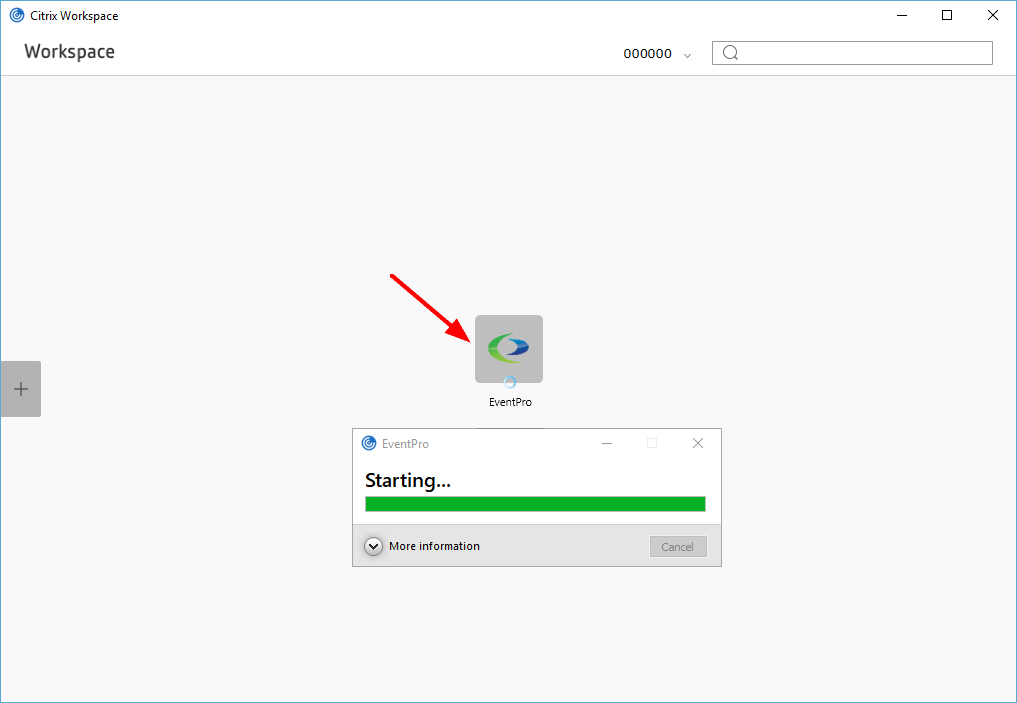 Screenshot of starting EventPro Cloud app from Citrix Workspace